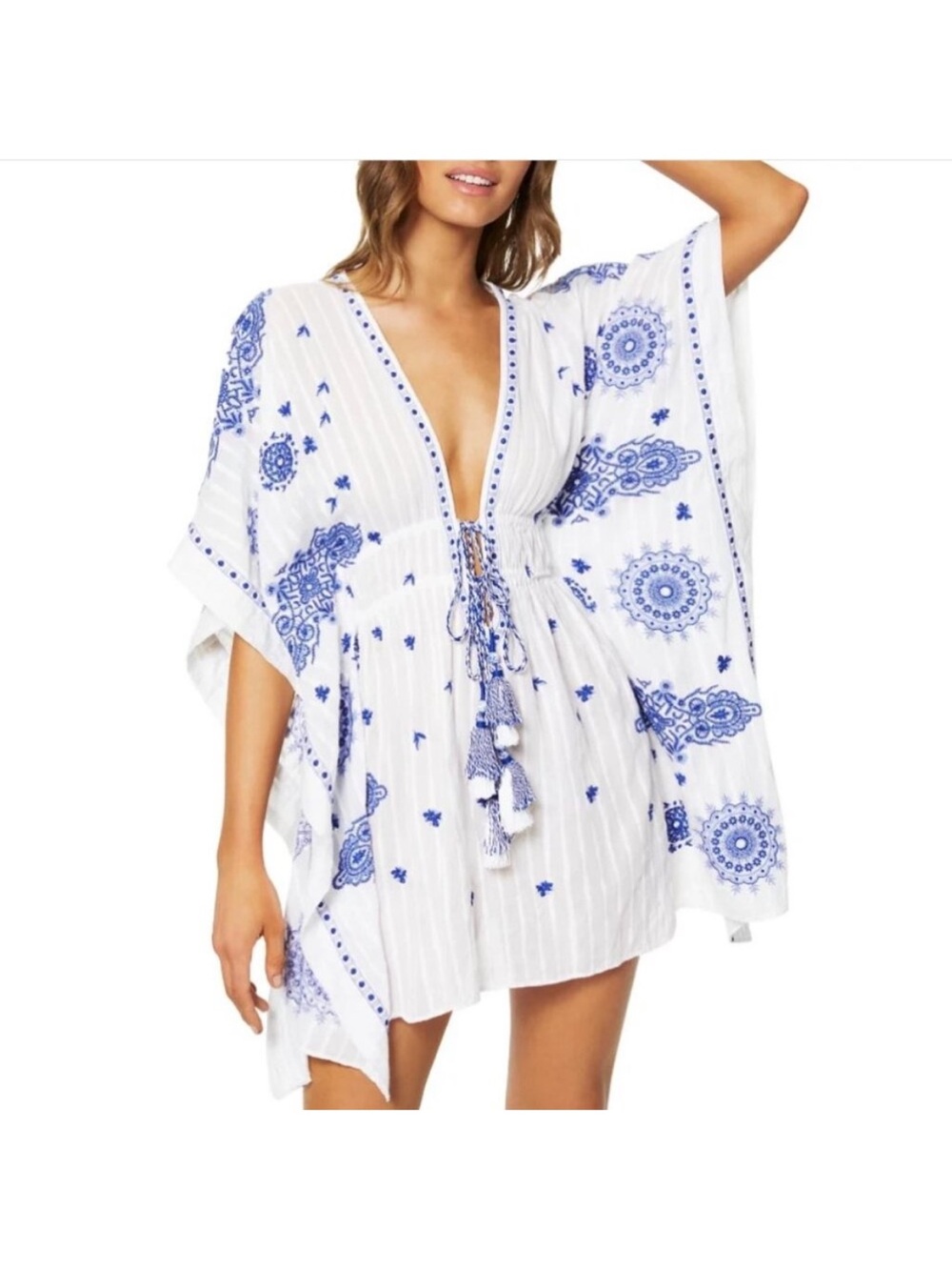 Ramy Brook White with blue embroidery Tunic .